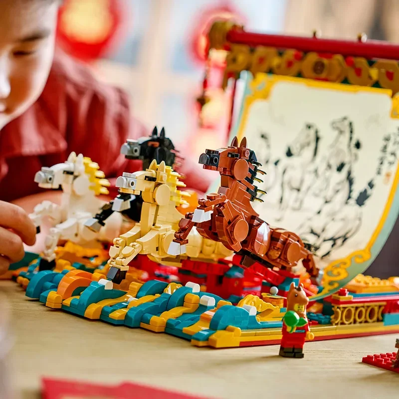 

Chinese Style Eight Horses Painting Building Blocks Year of the Horse New Year DIY Assembly Model Adult Collectible National Tre