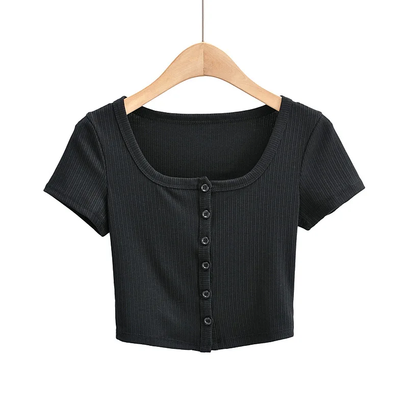 Women Rib Button Through Short Sleeve Top