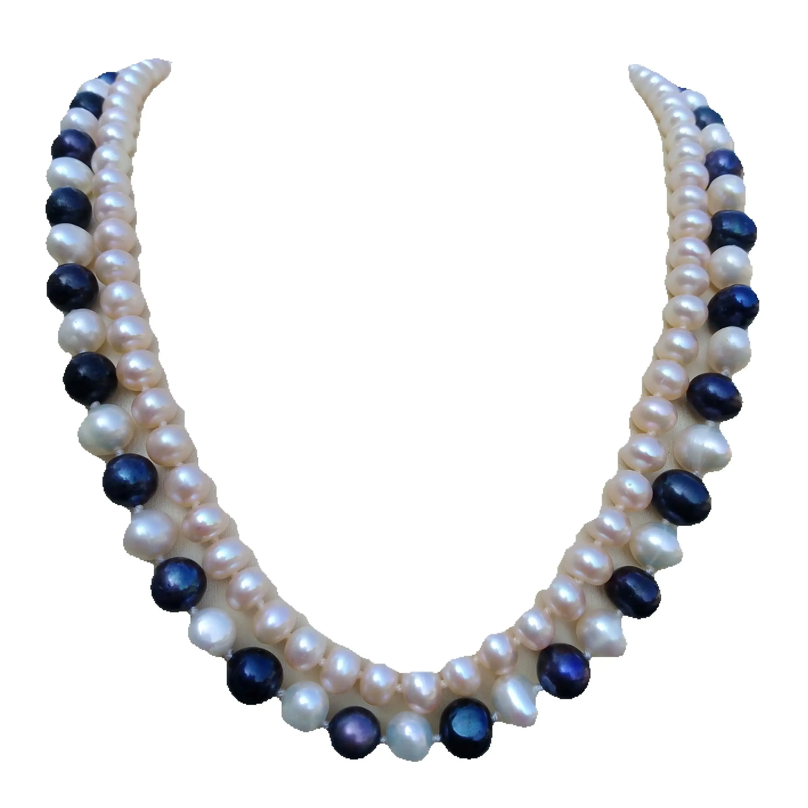 

2 Rows Natural South Sea White Black Pink Pearl Necklace Each Pearl hand-knotted