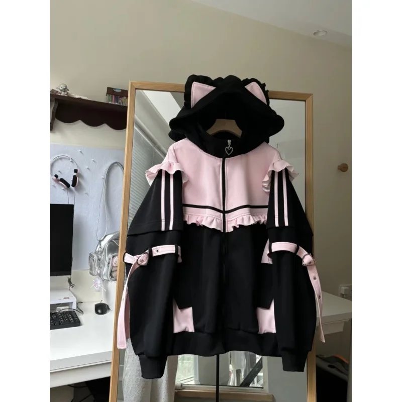 Japanese Kawaii Zip Up Hoodie Coats Y2k Hoodie Women Autumn Winter Color Block Fake Two Pieces Thick Oversized Baggy Hoodie Top