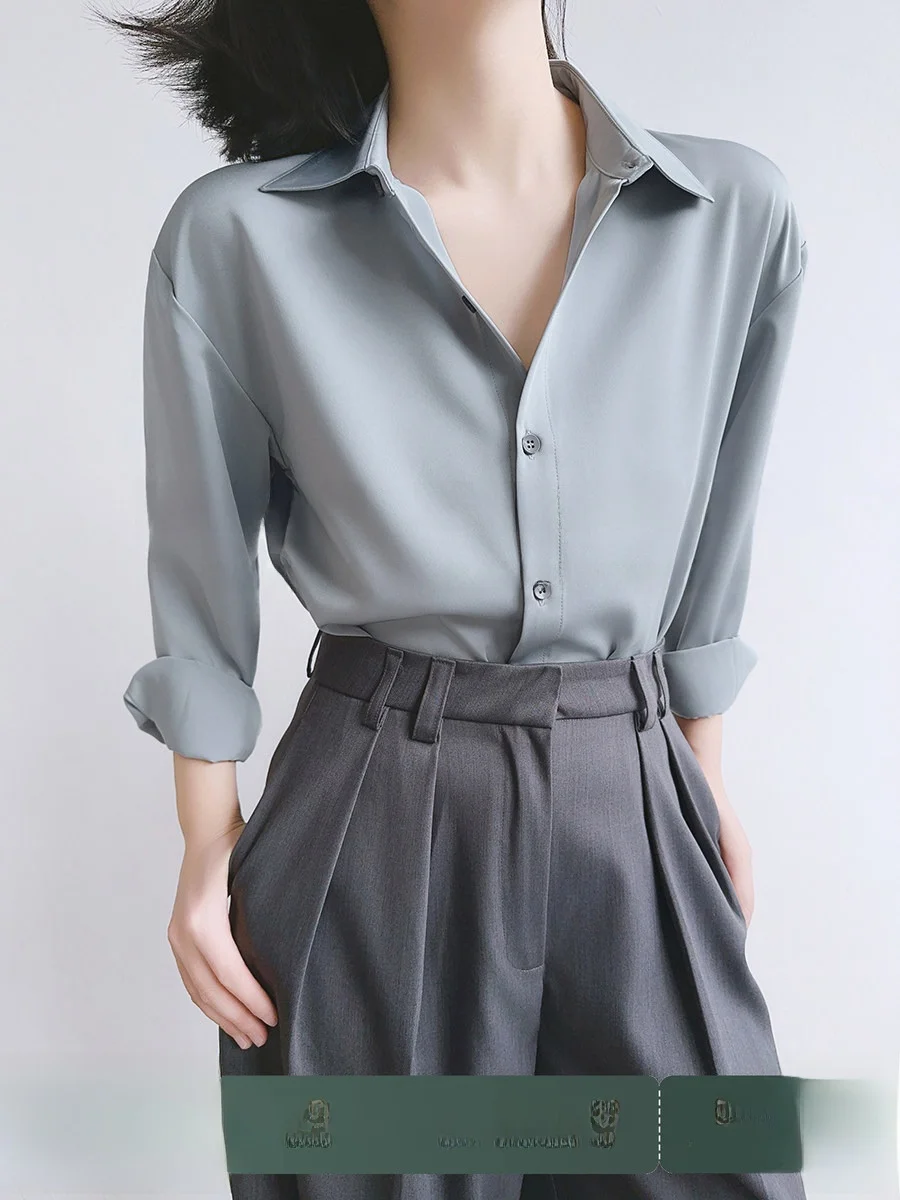 

Gray Satin Loose Commute Shirt XALI New Arrival March 17 2020 Women's Business Casual Fashion Long Sleeve Classic Collar Top