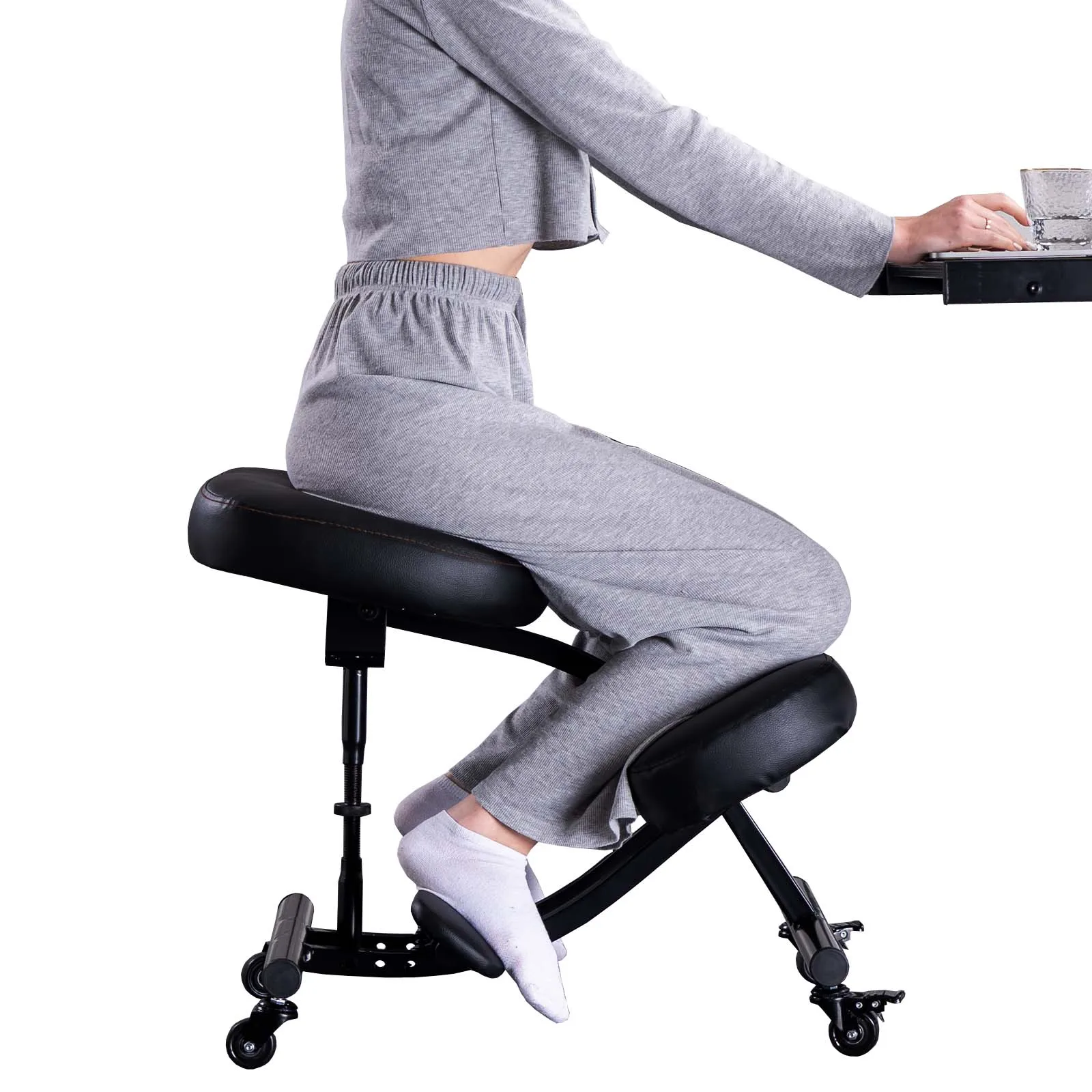 Ergonomic Kneeling Chair Adjustable Orthopedic Chair for Home and Office Use to Reduce Tibial Pressure with Black Foot Pedal