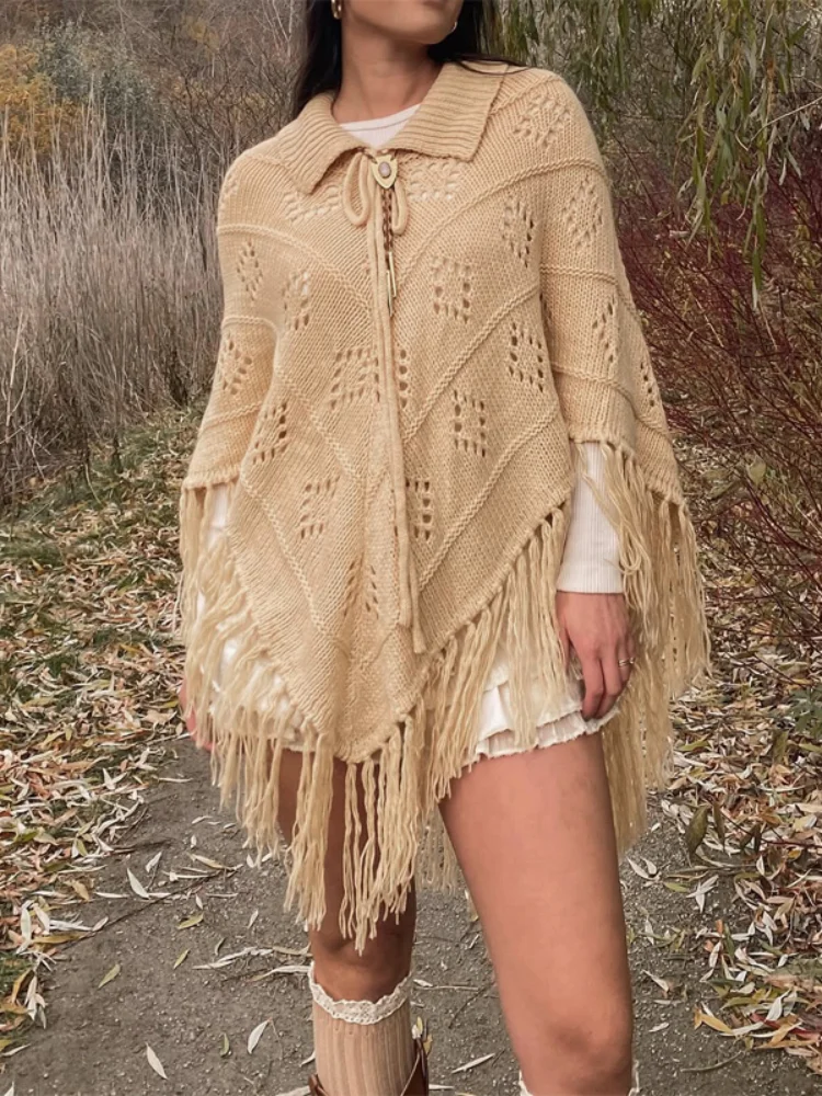 Women Solid Lapel Collar Knit Poncho Cape Hollow Out Crochet Fringe Tassel Sweater Shawl Coat Autumn Winter Casual Outerwear