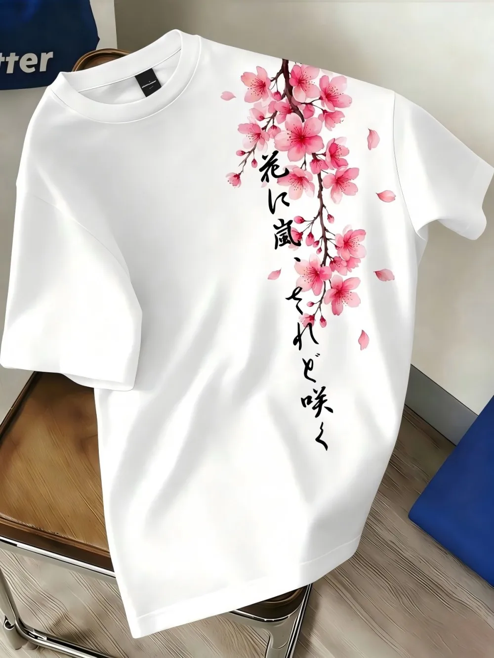 American style new men's summer cherry blossom letter print micro elastic breathable round neck T-shirt outdoor urban casual top