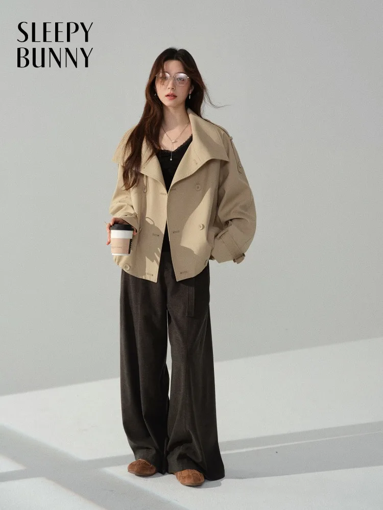 เสื้อโค้ทเทรนช์โค้ททรงดับเบิ้ลเบรสต์สำหรับผู้หญิง สไตล์เรโทร แขนเสื้อแบบแร็กแลน ทรงหลวม ดีไซน์เก๋ไก๋ ปกเสื้อแบบลาペル เหมาะสำหรับฤดูใบไม้ร่วง สวมใส่สบายๆ