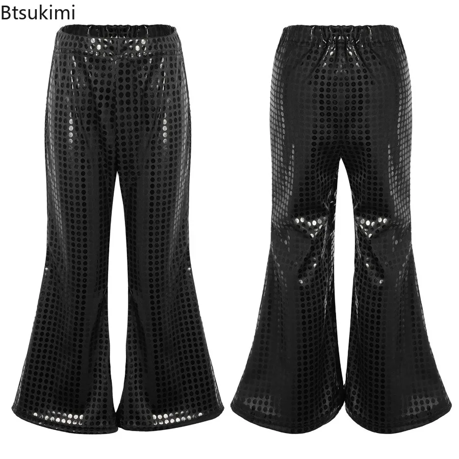 Boys Girls Retro Disco Jazz Dancing Clothes Hippie Costume Flared Pants Sequins Polka Dot Trousers Carnival Performance Pants