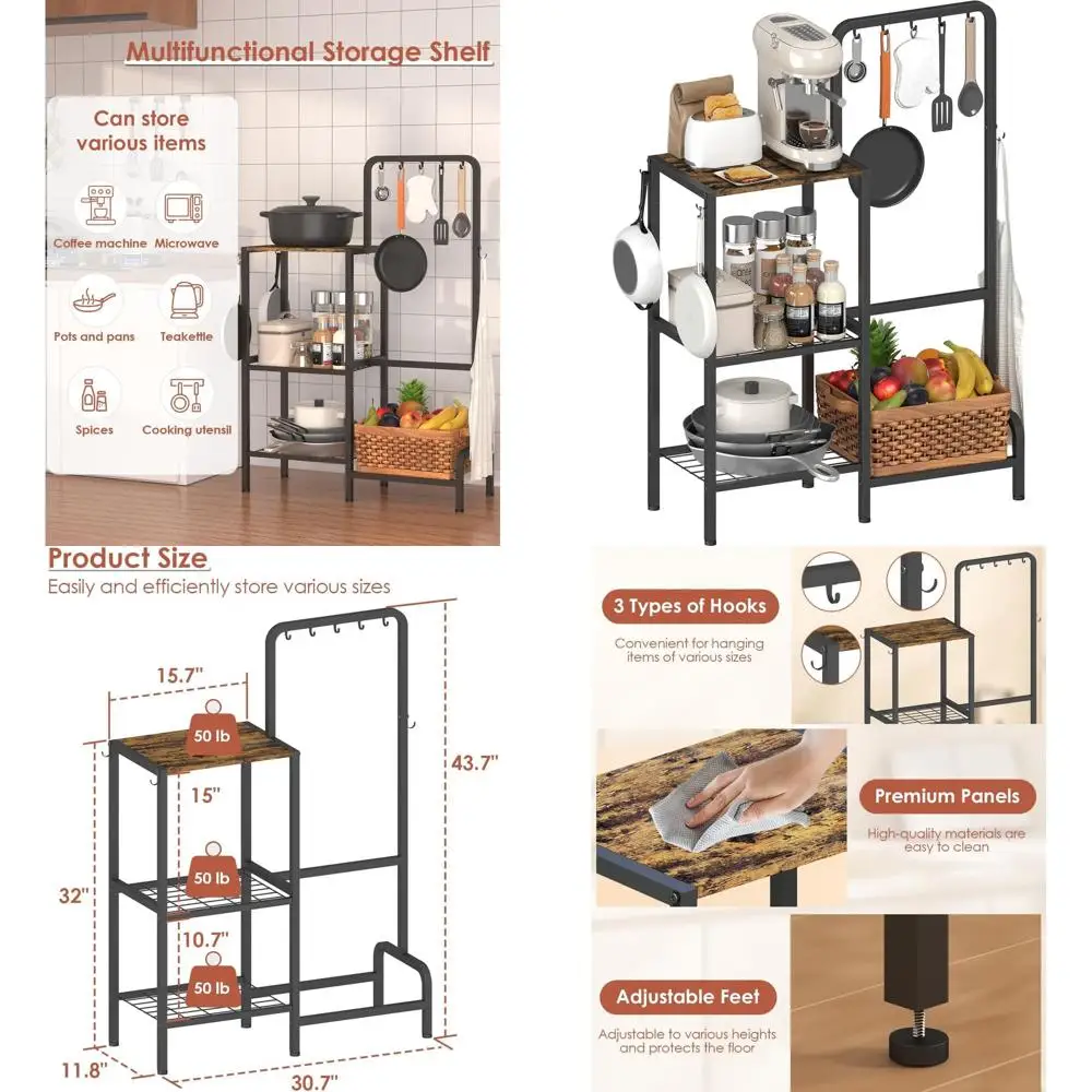 

Трехъярусная кухонная подставка для хранения с полкой для специй, регулируемой кофейной станцией, 8 крючками и компактным дизайном, черная