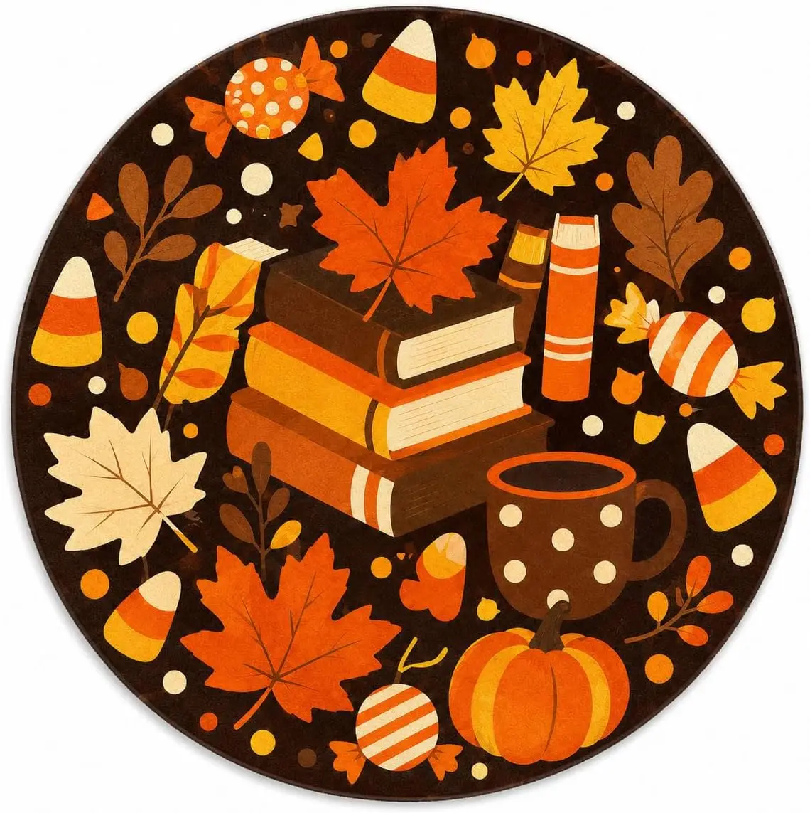 Cozy Halloween Books Round Rug for Hallway Vintage Halloween Decor