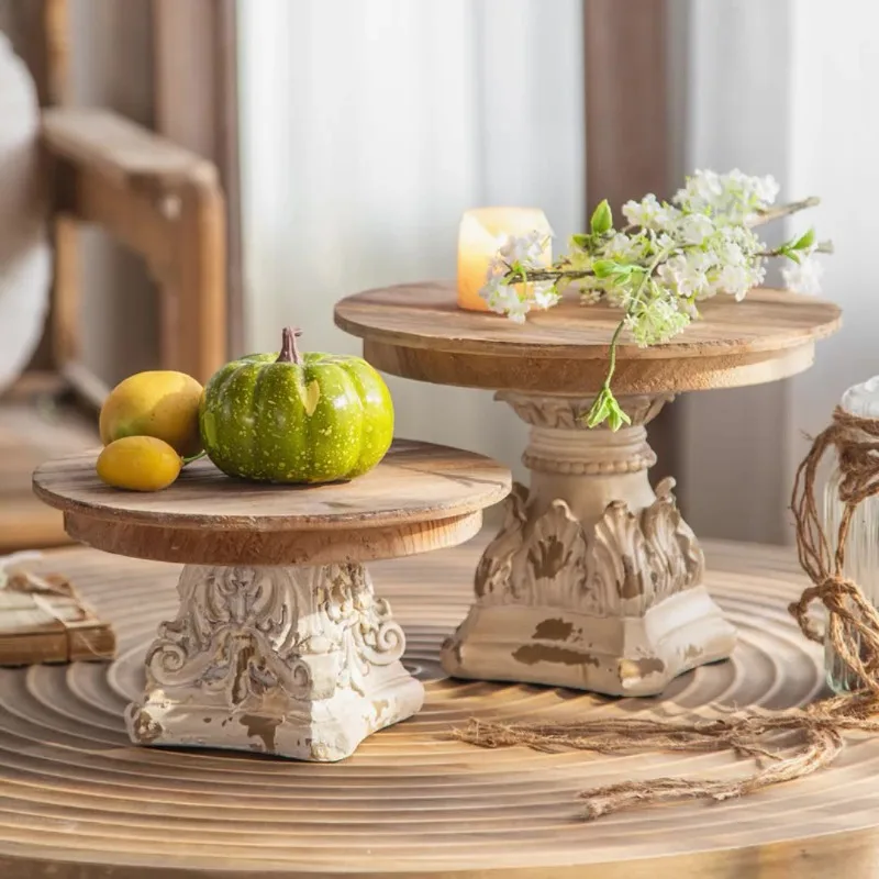 Solid wood round base tray retro pastoral carving handicraft ornament homestay tea room log color bracket is old