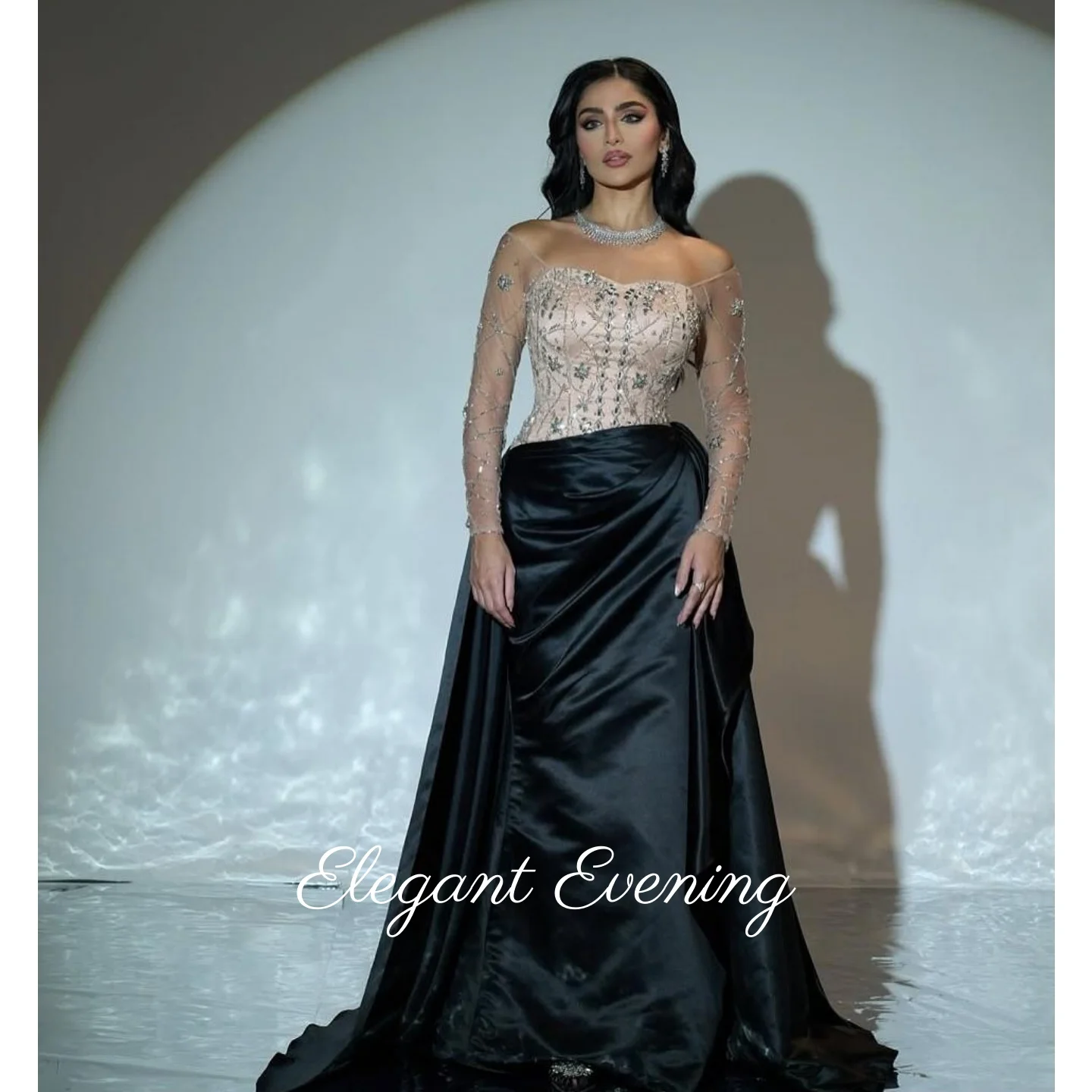 

Вечерние платья с открытыми плечами, черные платья для выпускного вечера с длинными рукавами и блестками, бисером, свадебные платья по индивидуальному заказу