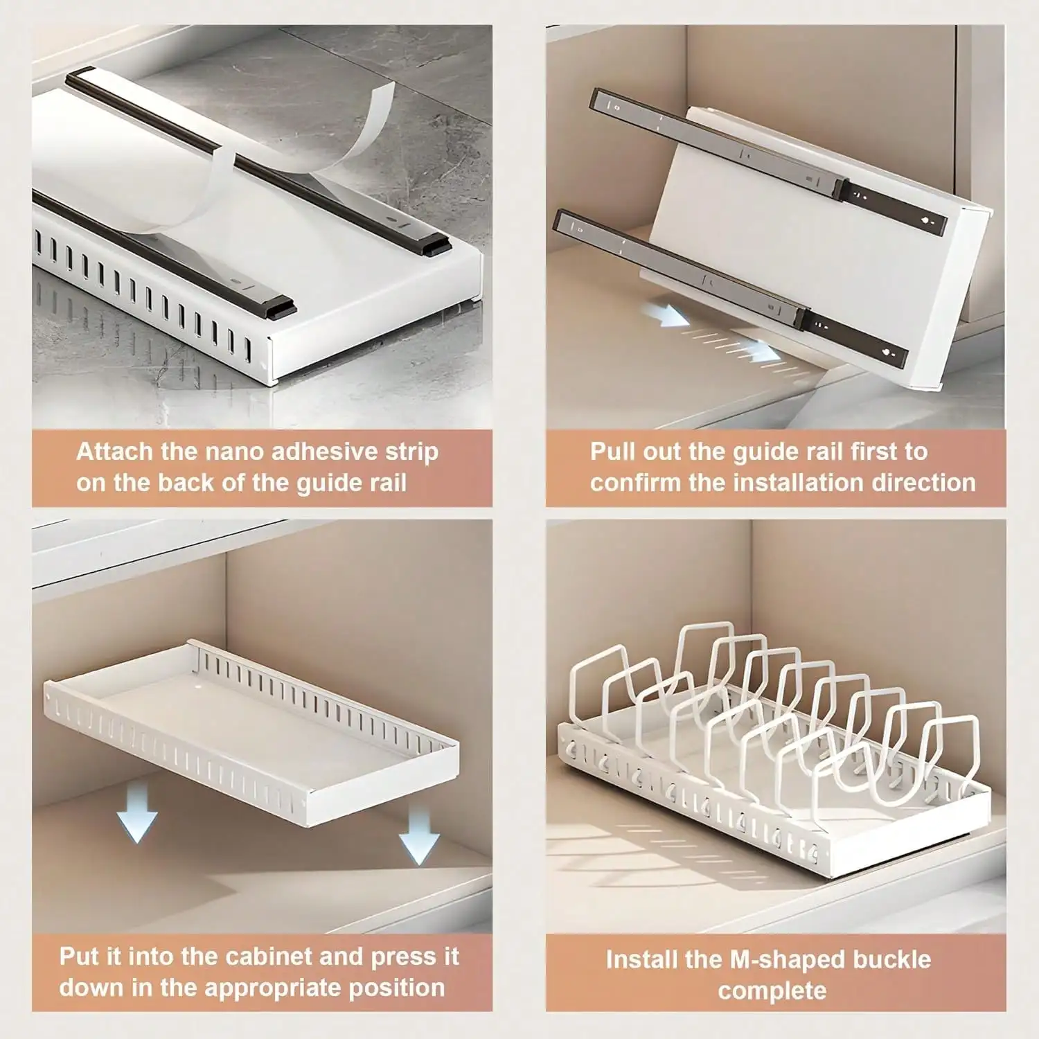 منظم أواني ومقالي سفلية للخزانة، منظم غطاء منزلق للخزانة، منظم خزانة قابل للسحب مع 8 فواصل قابلة للتعديل