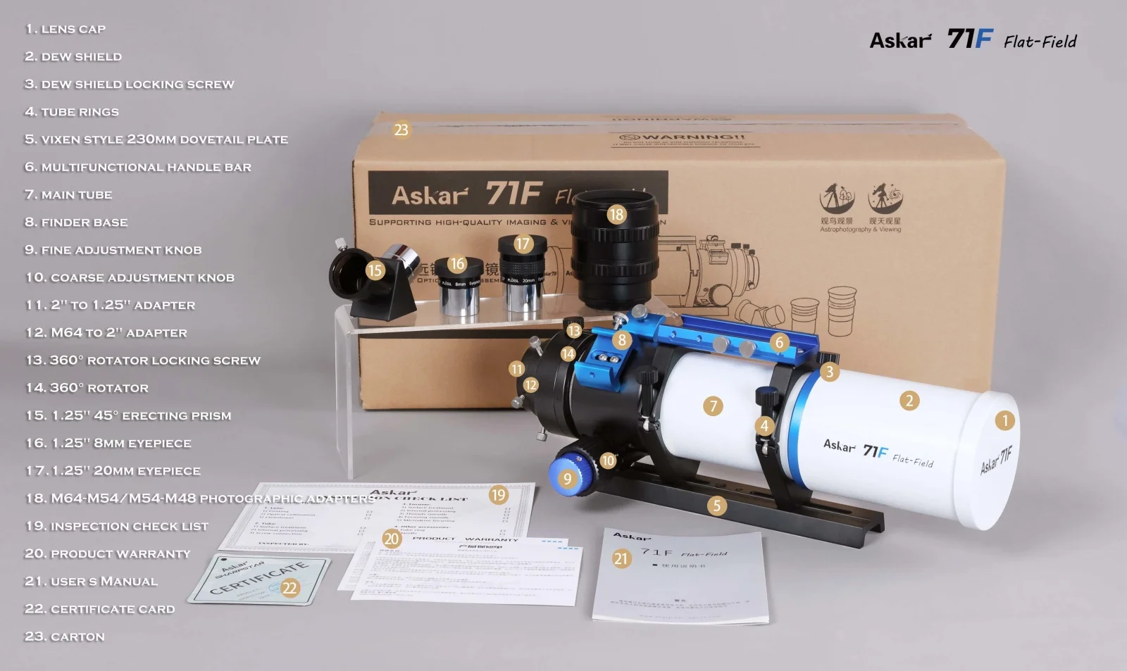 

Askar 71F F/6.9 Flat-Field Astrograph Telescope with 0.75x 44mm Full Frame Reducer for Astrophotography Compatible with 71F Tele