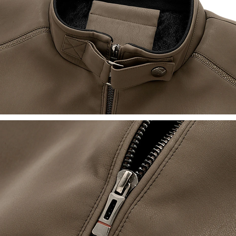 Autumn Winter Fleece PU Jacket Men Motorcycle Biker Stand Collar Jacket Coat Fashion Casual Cargo Jacket Male PU Coat Black