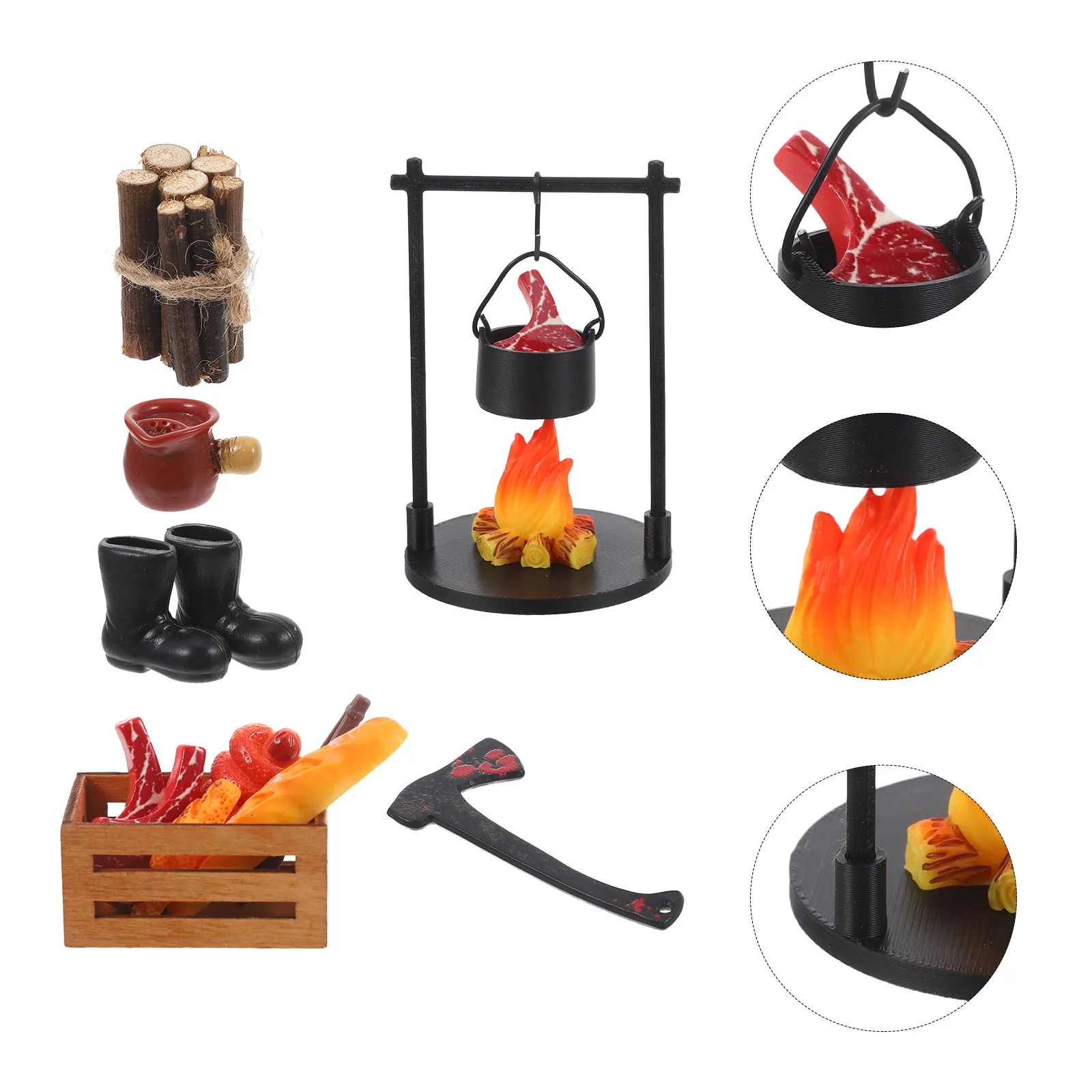 

1Set Miniature Campfire Decor Resin Fire Pit Realistic Fake Fire with Steak Set for Dollhouse Micro Landscaping Outdoor Themed