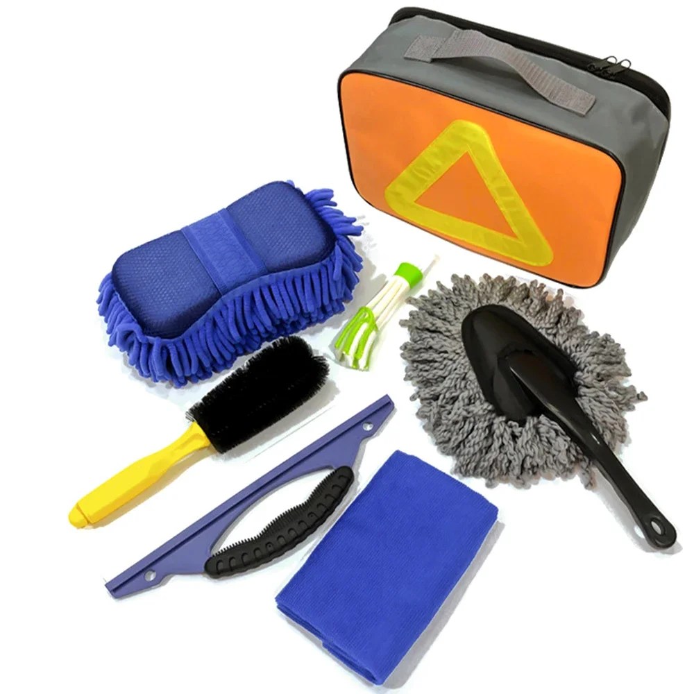 7 in 1 Car Clean Car Wash Brush Tool Cleaning Supplies Sponge Wipe Car Block Scraper Towel Wash Bag Car Cleaning Tool