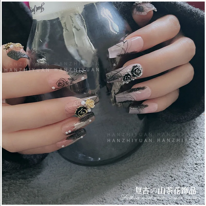 20 pçs/lote Prego Vento Escuro Retro Textura Metal Camélia 3D Rose Barroco Prata Liga Jóias Nail Acessórios