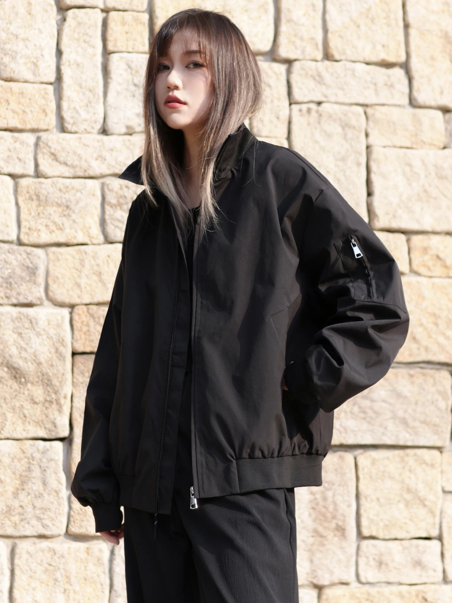 

Retro American Bla Pilot Jaet Women's Spring Autumn Loose Stand Collar Outerwear Korean Version BF Neutral Cool Sle