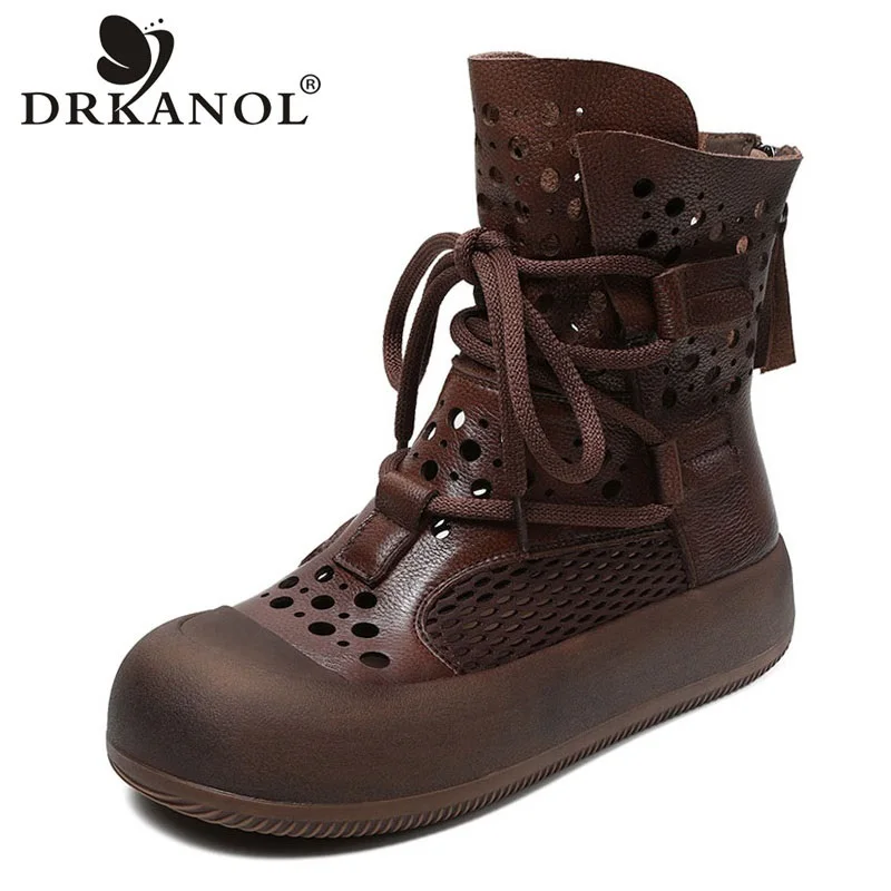 DRKANOL 2026 Summer Cool Boots Women Genuine Leather Hollow Out Breathable Mesh Zipper Thick Sole Chunky Platform Ankle Boots