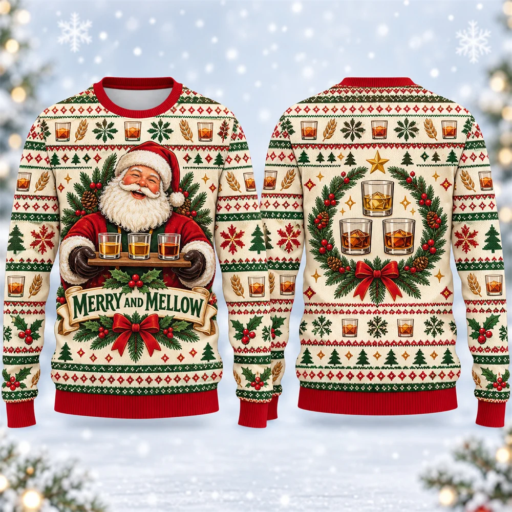 Santa Claus Enjoys Drinking Bar Beer Funny Ugly Sweater For Men Long Sleeve Humour 3D Print Pullover Sweatshirt Christmas Casual