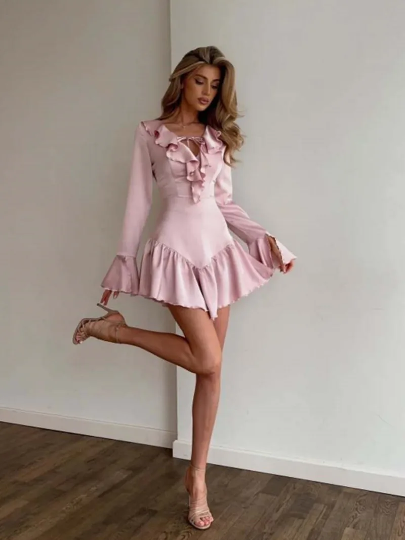 Elegant Satin Ruffle Trimmed Mini Dresses Women's 2025 New Chic Design Ruffled Neckline＆Flared Cuffs Lady Sweet＆Stylish Outfits