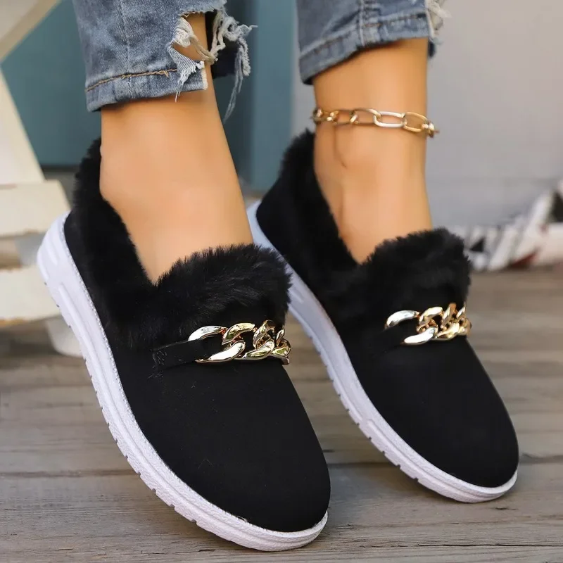 

2024 Winter New Flat Shoes Women's Fashion Round Head Suede Metal Chain Soft Sole Non-slip Comfortable Cotton Shoes Warm