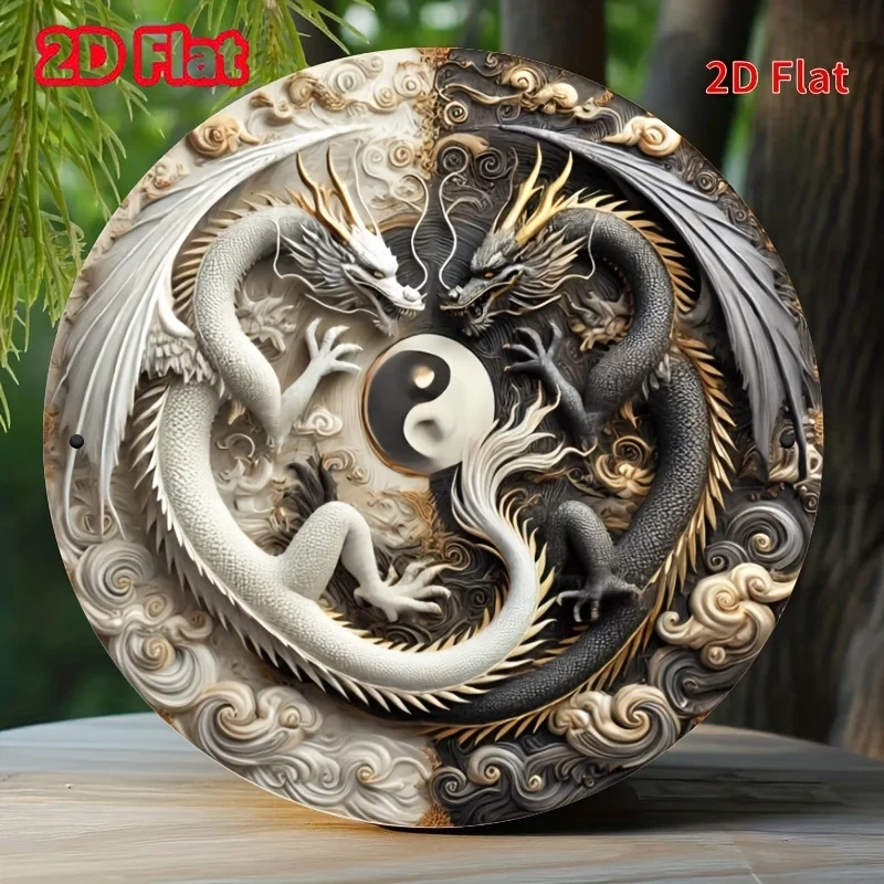 Letrero de metal de dragones Yin Yang, arte de pared redondo de hierro con corona floral para decoración del hogar