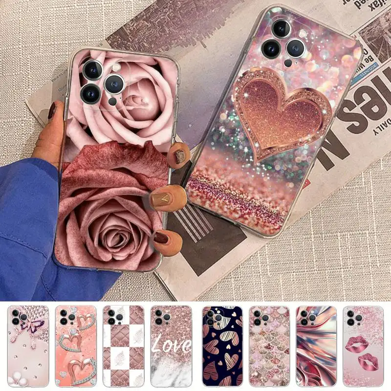 Love Rose Gold Style Phone Case Silicone Soft for iphone 14 13 12 11 Pro Mini XS MAX 8 7 6 Plus X XS XR Cover