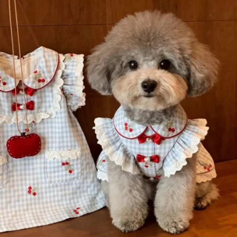 Pet Cute Embroidered Collar Tank Top Plaid Lace Flying Sleeves Dog Cat Princess Skirt Dog Clothes for Small Dogs