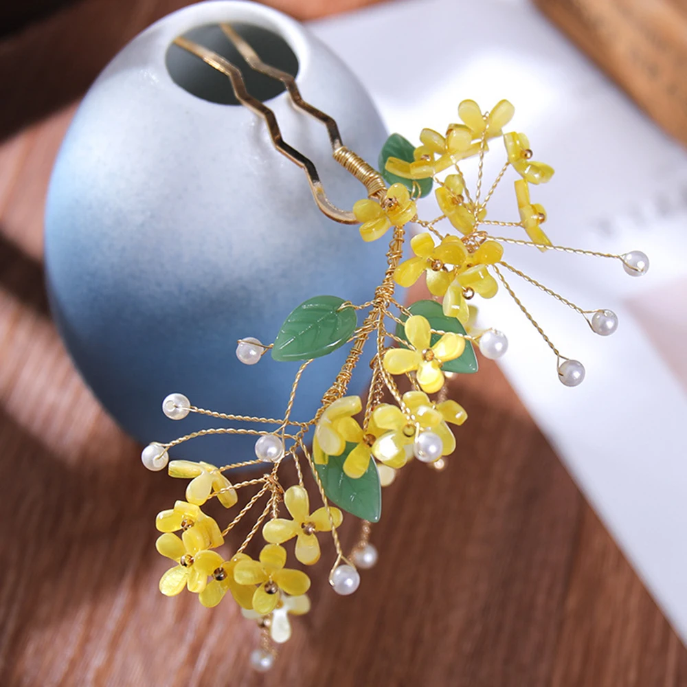 U-shaped Hairpins Hair Stick For Women Chinese Hanfu Hair Accessories Flower Pearl Tassel Yellow Headawear Retro Party Jewellery