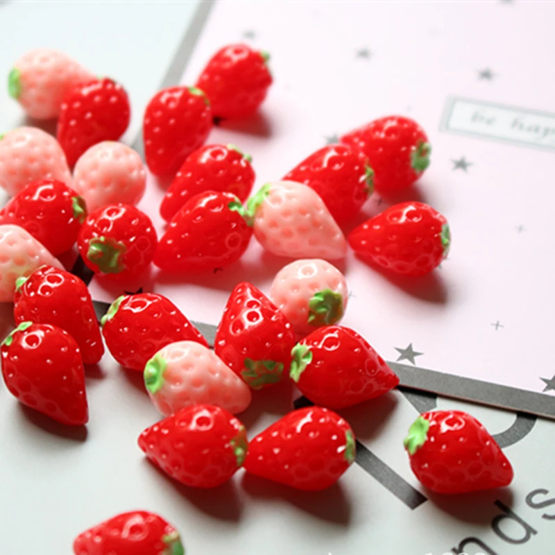 

20/50pcs 1.2 × 1.8cm Resin Red Strawberry Simulation 3D Pink Strawberry Keychain Accessories Children's Food and Play Toys