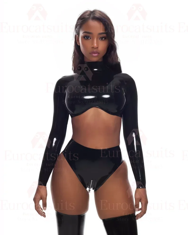 latex fetish Underwear latex gloves Lingerie rubber Panties Women High Waist rubber Thongs Strings zipper bodysuit female
