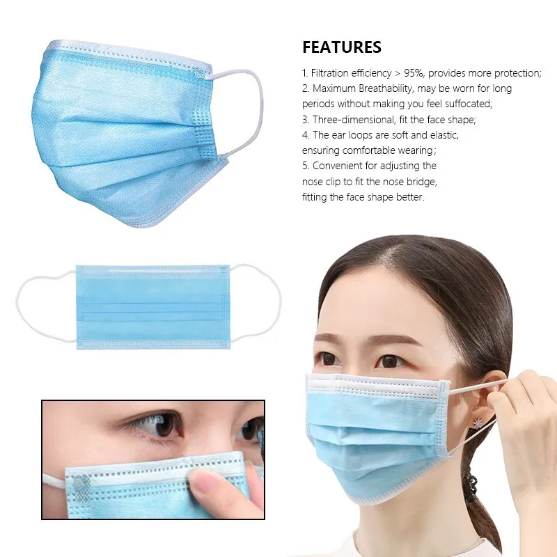 50Pcs Face Mask Disposable Mouths Mask Masque 3 Layer Filter Mask Anti-dust Breathable Masks Free Shipping Security Protection