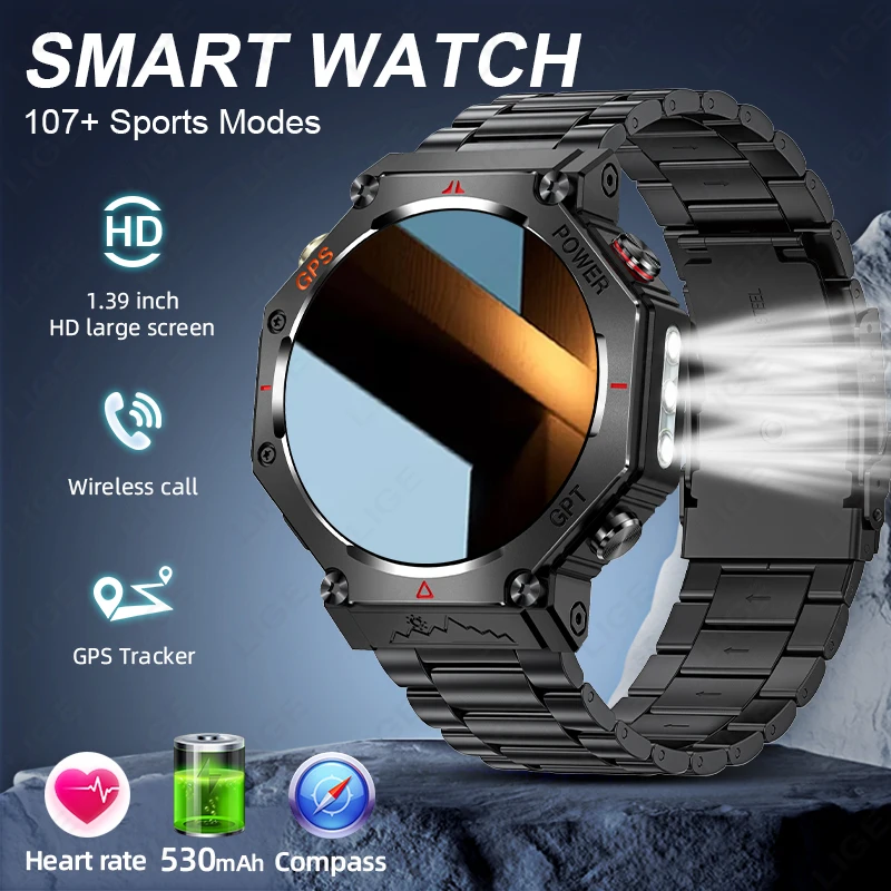 

LIGE GPS мужские умные часы Bluetooth вызов умные часы спортивные водонепроницаемые 1,39 дюйма 530 мАч аккумулятор светодиодный фонарик умные часы мужские