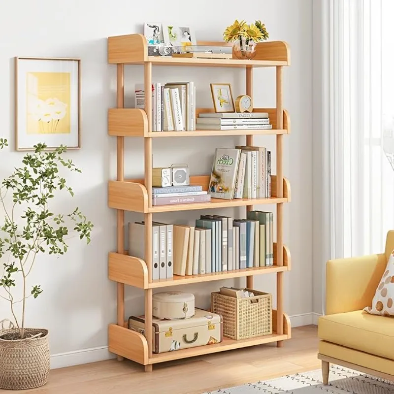 5-Tier Wooden Open Bookcase - Modern Display Bookshelf with Top Edge and Solid Wood Frame for Home and Office, Storage Cabinet