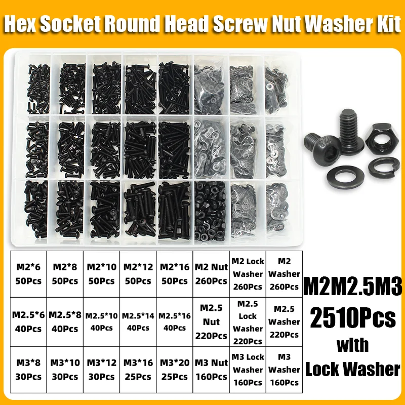 2510-teiliges Rundkopfschrauben-Set M2 M2.5 M3 M4 M5 M6 10.9 Güteklasse Schwarz Innensechskant-Knopfkopfschrauben mit Allen-Antrieb, Schrauben, Muttern und Unterlegscheiben – Detail 6