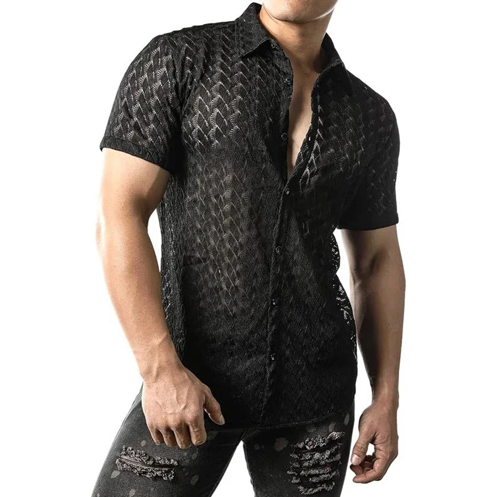 Mens Summer Mesh See Through Lace Short Sleeve Shirts Sexy Party Nightclub Tops