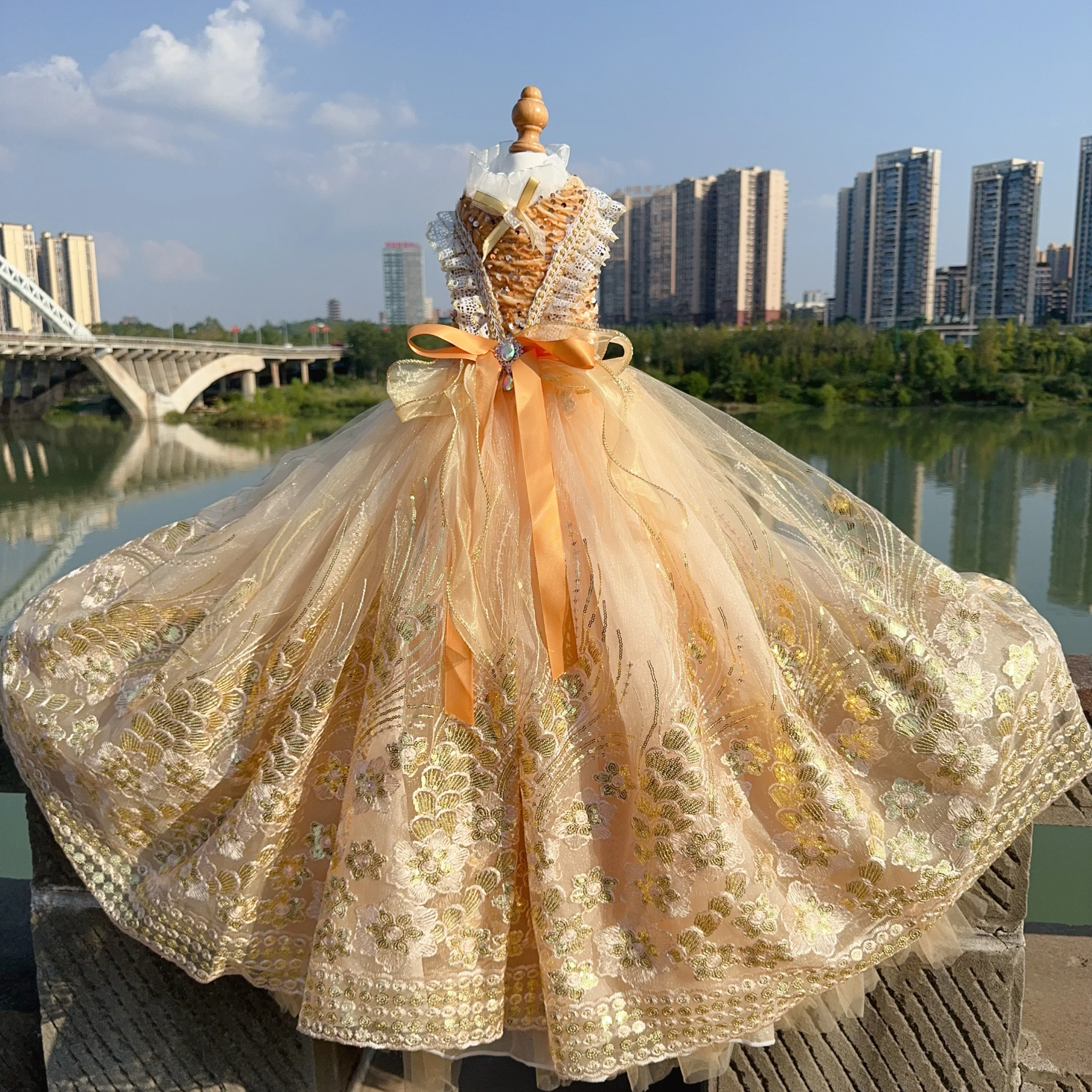 

Luxury Princess Dog Wedding Dress|Floral & Sparkle Long Train Pet Gown|Formal Costume for Small Dogs, Dog Apparel, Puppy Fashion