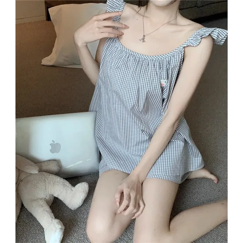 

Sexy Nightwear Women's Suspenders Shorts Homewear Two-Piece Set Sleeveless Plaid Female Pajamas Loungewear Cute Soft Sleepwear