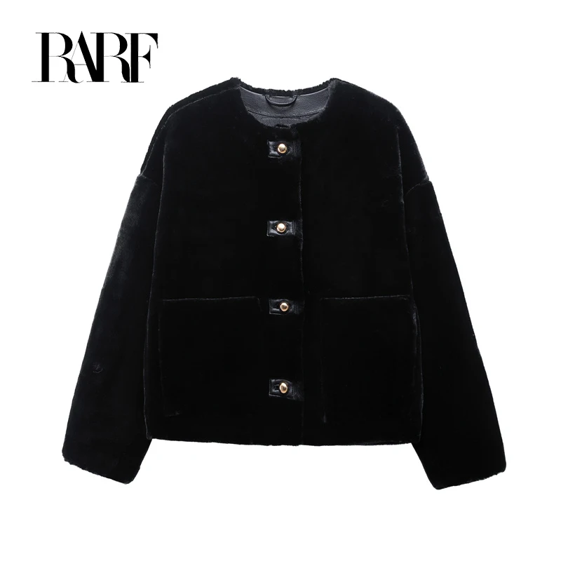 RARF 2024 new Fall/Winter new women\'s black fashion temperament inner leather faux fur jacket short coat top