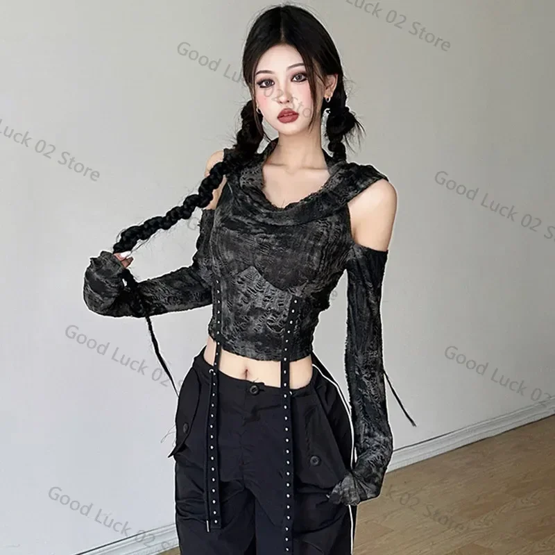 2025 T-shirt da donna dimagrante a vita alta con cappuccio con spalle scoperte maniche lunghe fatta a mano deconstruito moda Top corto