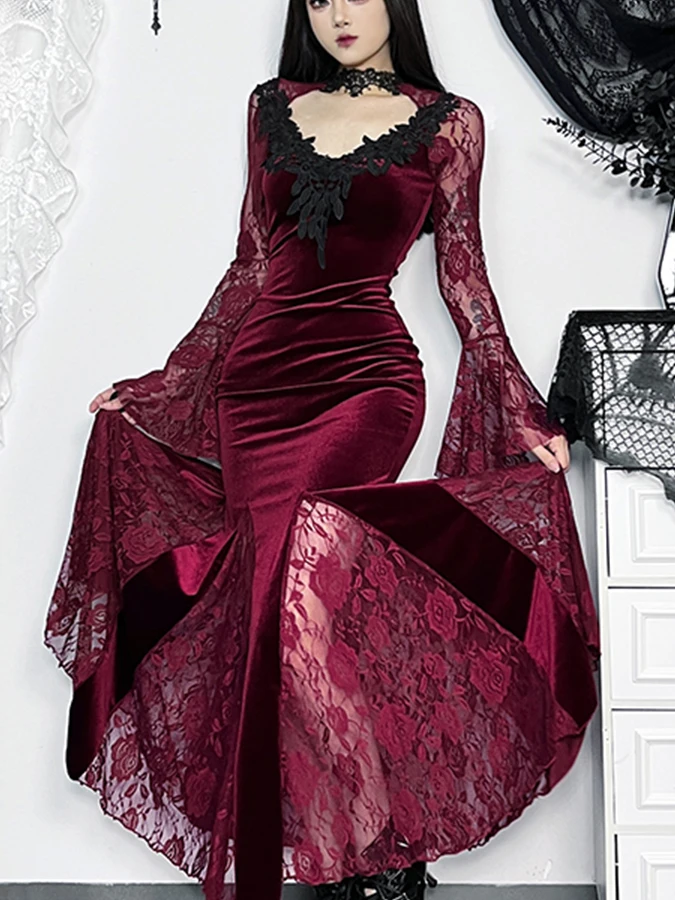 فستان دانتيل داكن بأكمام جرس وذيل سمكة، زي ملكة للحفلات والمسرح، تنورة ذيل سمكة ملفوفة للهالوين، رقبة على شكل V مع سحاب