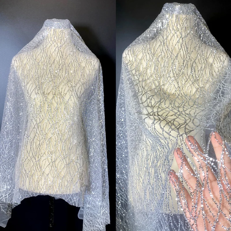 Sparkle Glitter Bronzing Sequin Lace Fabric Mesh Tulle Fabric for Wedding Dress,Gowns,Decor,Gold,White,Silver,By the Yard