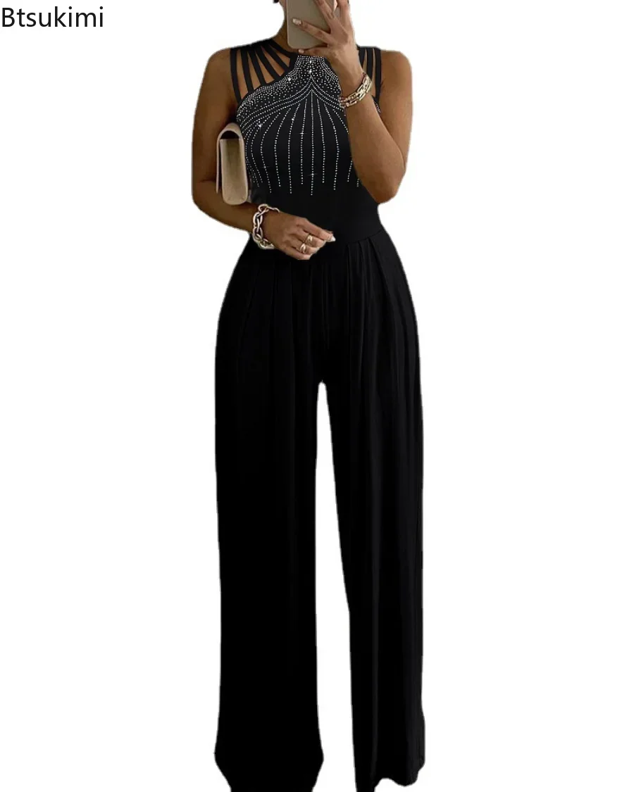 Plus Size 4XL 5XL Women Elegant Sleeveless Partywear Jumpsuits Formal Party Romper Studded Wide-leg Jumpsuit Overalls Female