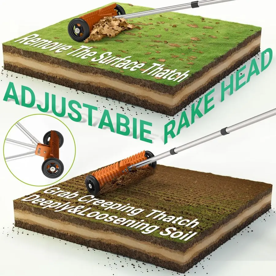 Ancinho de palha, ferramenta de desmontagem de aço de 15 polegadas, ângulo 015 ajustável e comprimento de 3868 polegadas, ancinho de quintal resistente para remoção de grama morta