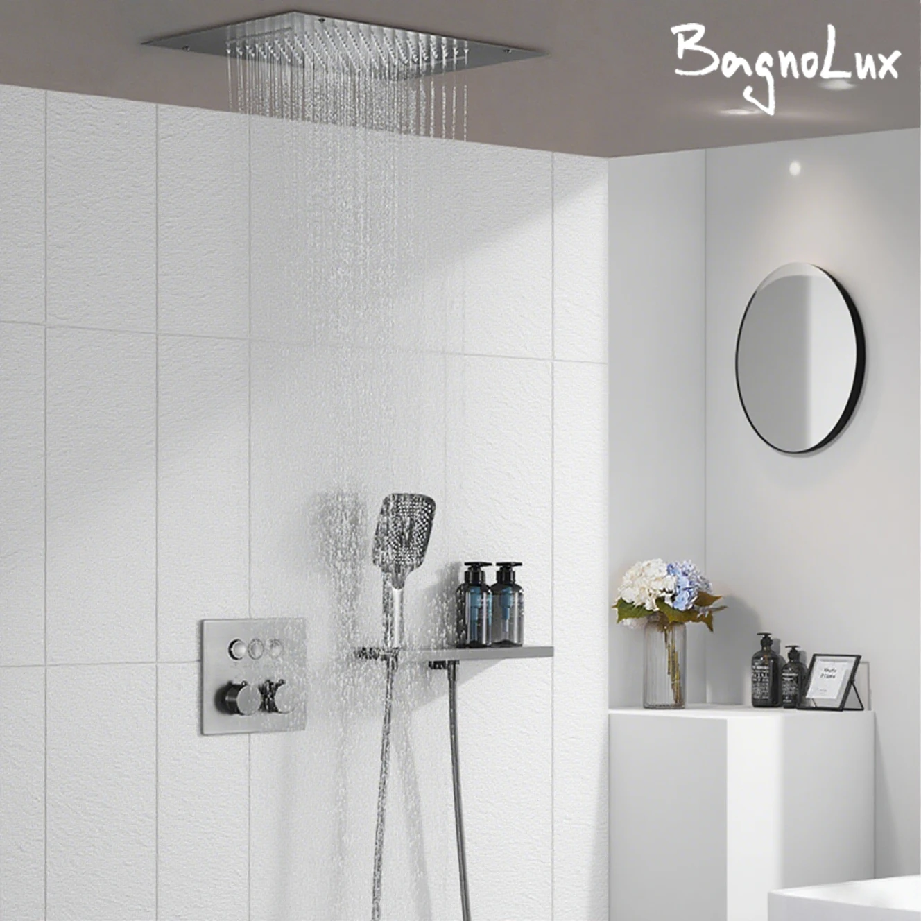 

Роскошная латунная термостатическая душевая система из бронзы для ванной комнаты, настенный смеситель для ванной комнаты с горячей и холодной водой, встроенный в потолок, водопад