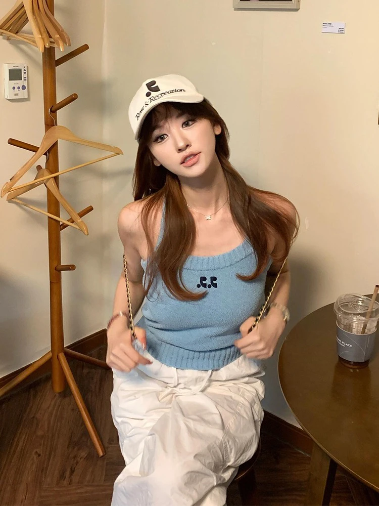 Damska dzianinowa kamizelka typu slim fit RR z odkrytymi ramionami, bawełniana, w stylu koreańskim, casualowa, 100% bawełna, letnia moda.