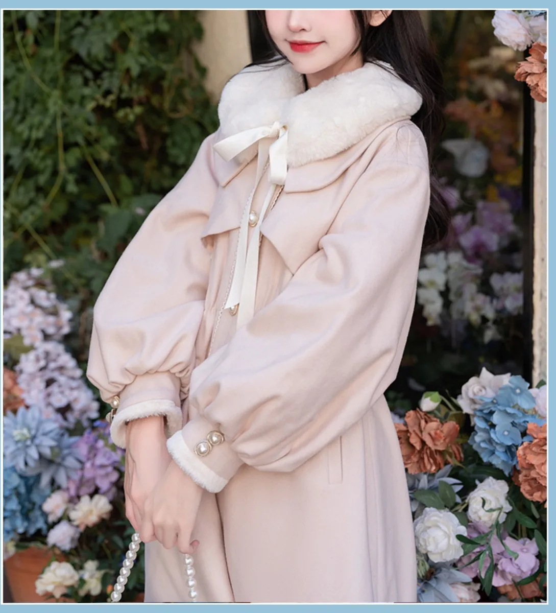 College Style Winter Warm Thicken Jk Uniform Lolita Solid Color Coat Plush Peter Pan Collar Pearls Button Ribbon Bowknot Coat