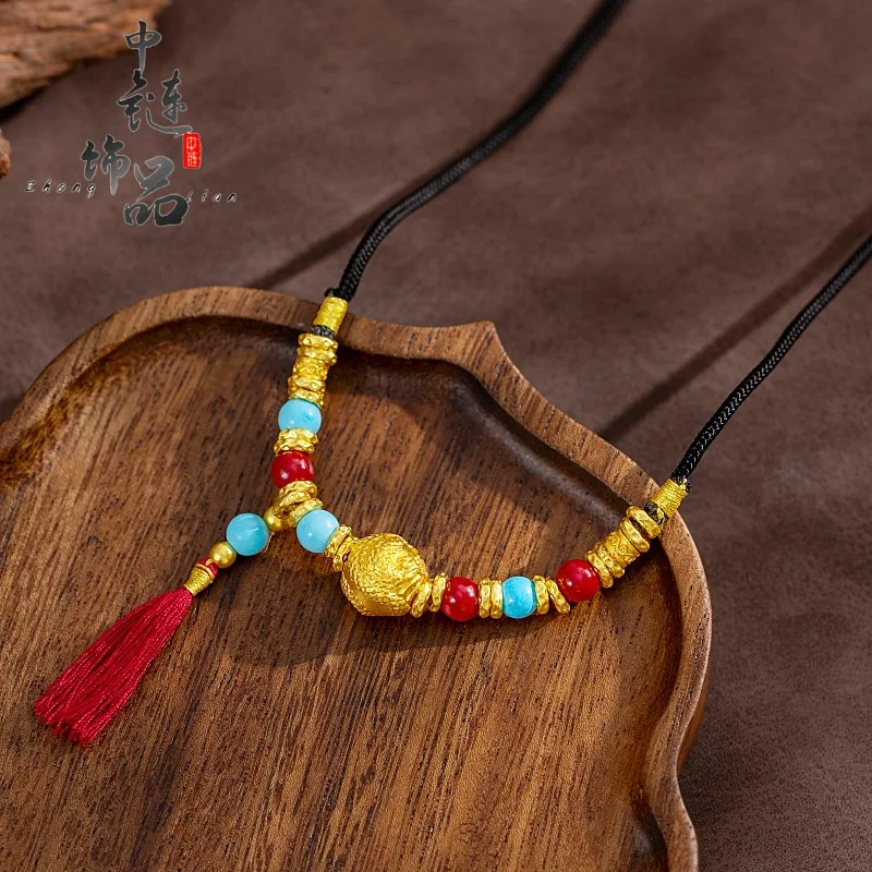 Ancient chisel peony flower dragon bead hydrangea necklace 9999gold