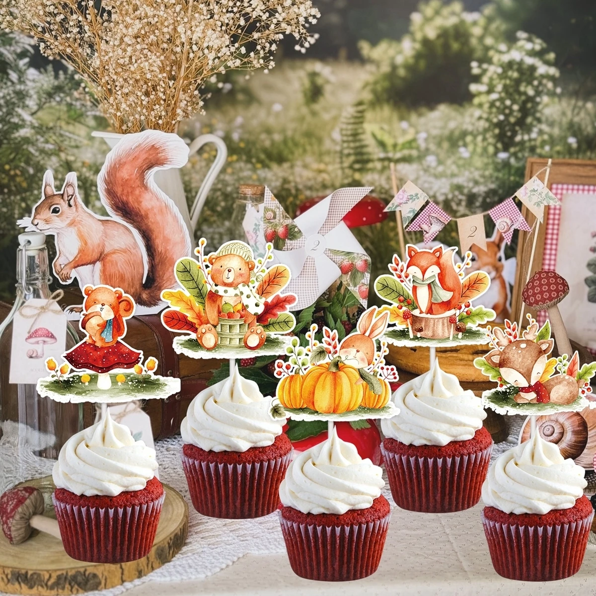 20pcs Woodland Animal Cupcake Toppers Carton Rabbit Fox Bear Toppers For Kids Forest Birthday Party DIY Cake Decoration Supply