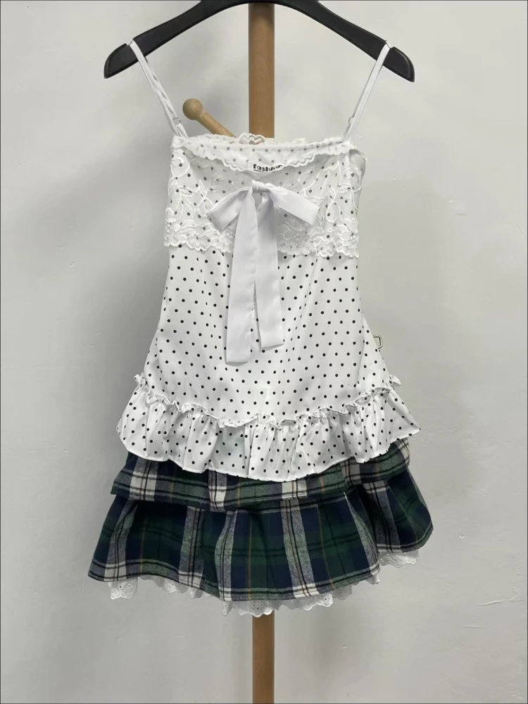 

Винтажный милый элегантный женский комплект из трех предметов, дизайнерский кардиган + кружевные топы в горошек + клетчатые юбки, японская одежда в стиле Харадзюку, новинка